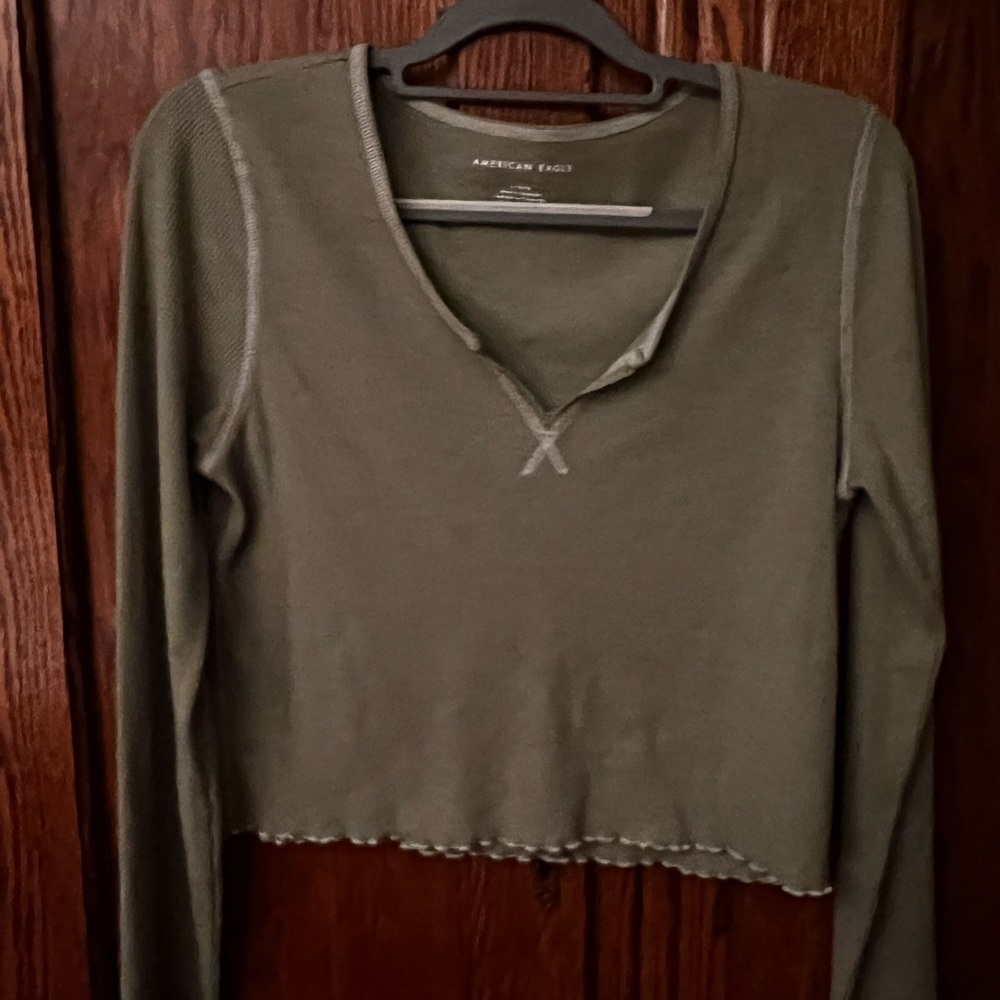 American Eagle sage green long sleeved waffle crop top